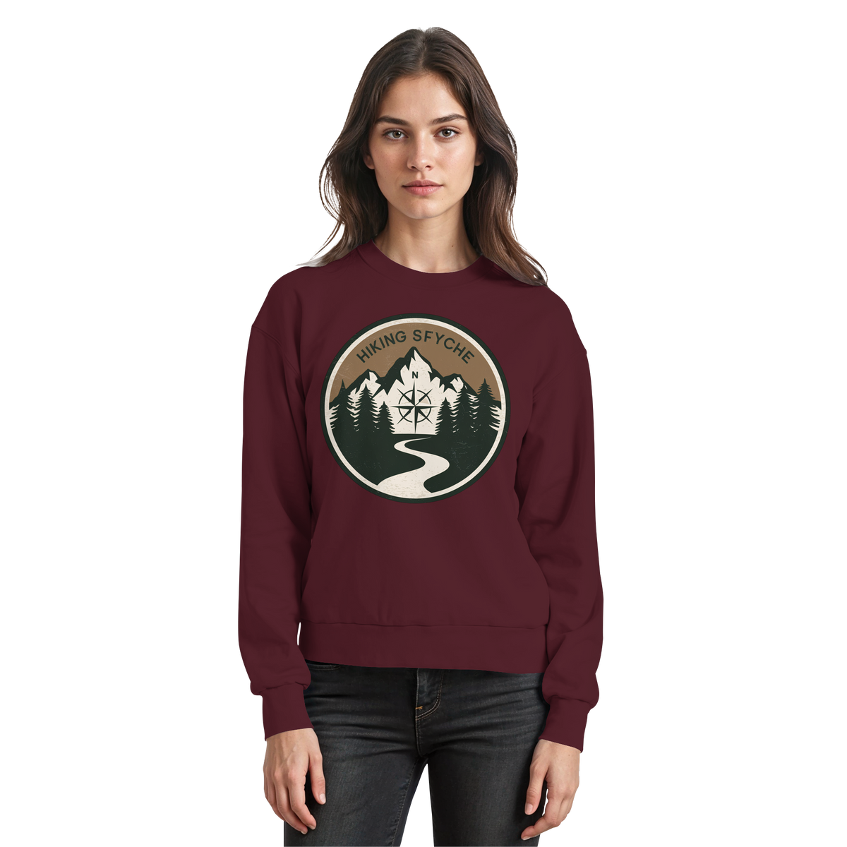 Arvenzo Trail Crest sweatshirt in burgundy, front view showing a basic crewneck design and soft fabric texture.