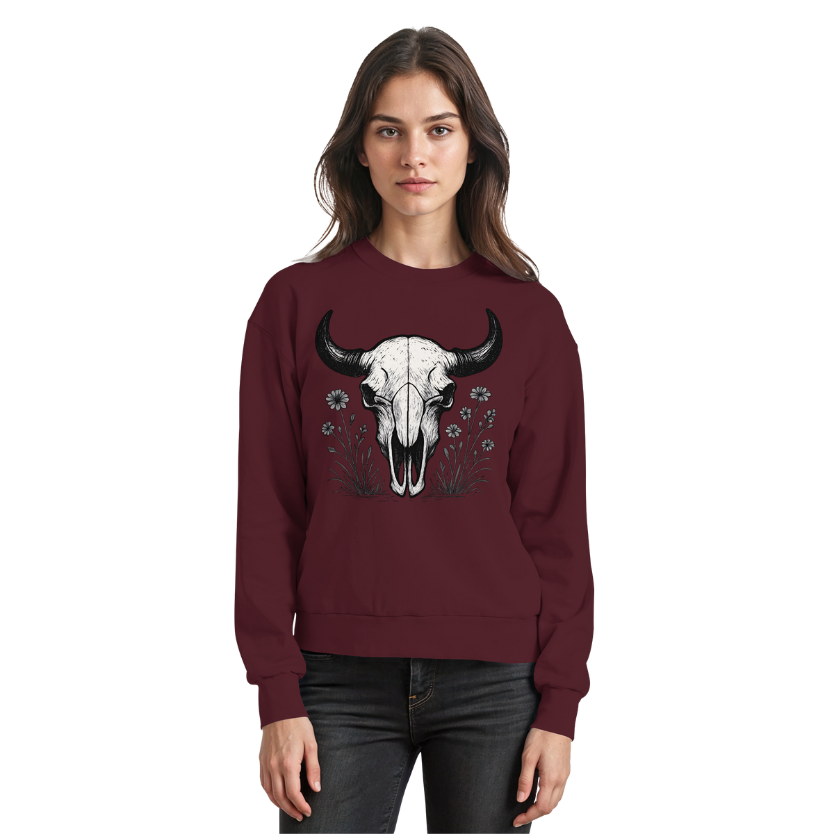 Burgundy Arvenzo Bison Skull sweatshirt featuring a front graphic design, long sleeves, and a comfortable fit.