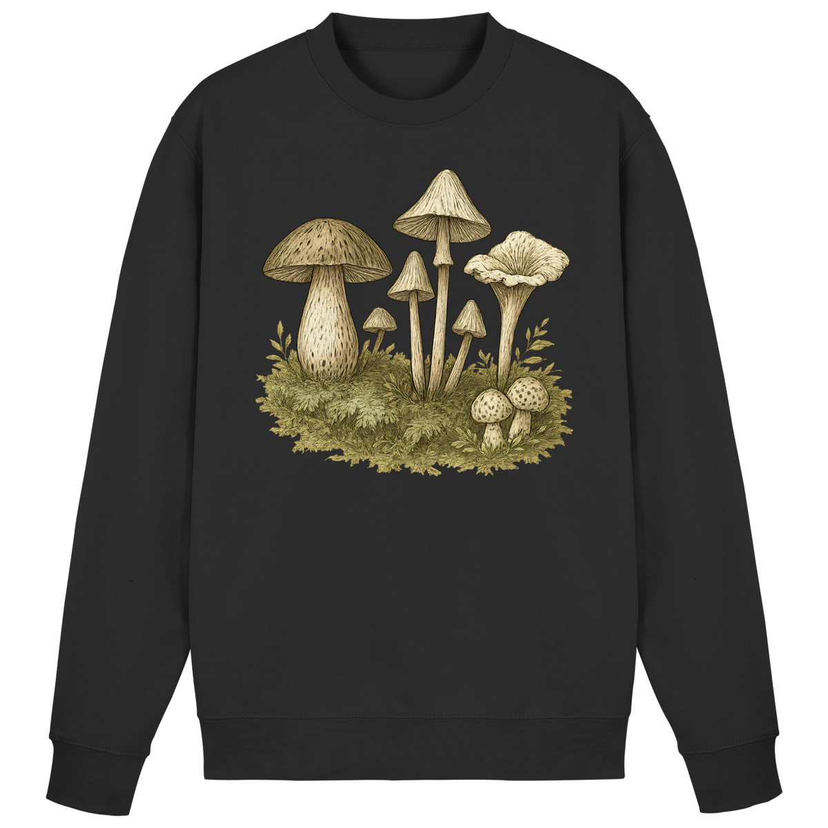 Arvenzo Forest Floor Sweatshirt in deep black, front view showing a simple, comfortable sweatshirt with subtle forest-themed design.