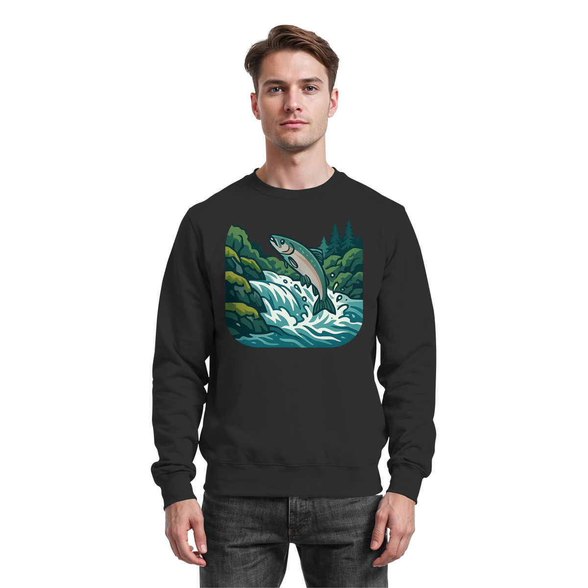 Front view of Arvenzo Silver Run sweatshirt in deep black, featuring a classic crew neck and comfortable fit.