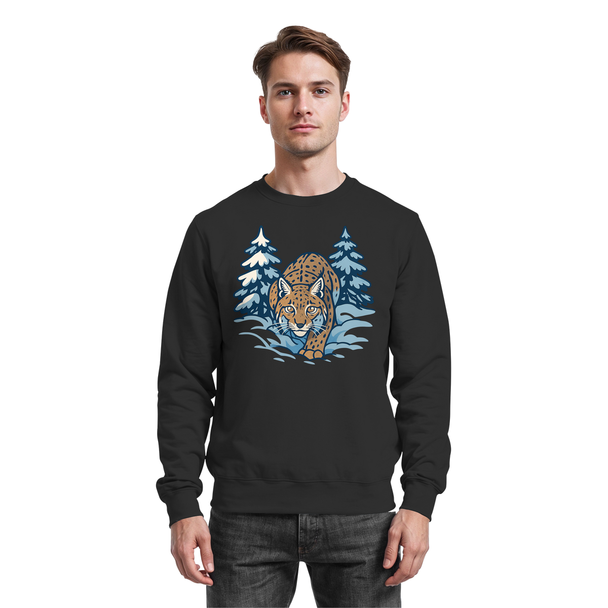 Black Arvenzo Snow Lynx sweatshirt displayed from the front, featuring a simple crew neck design and soft fabric.