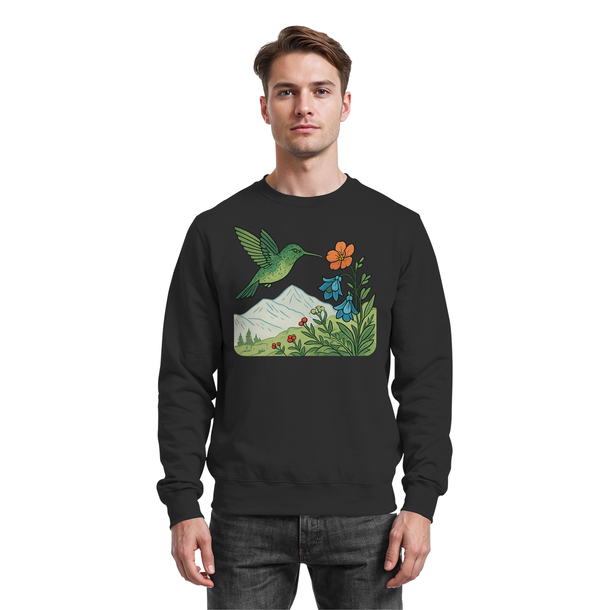 Black Arvenzo Bloom Wing sweatshirt displayed from the front, featuring a simple crew neck and minimalist design.