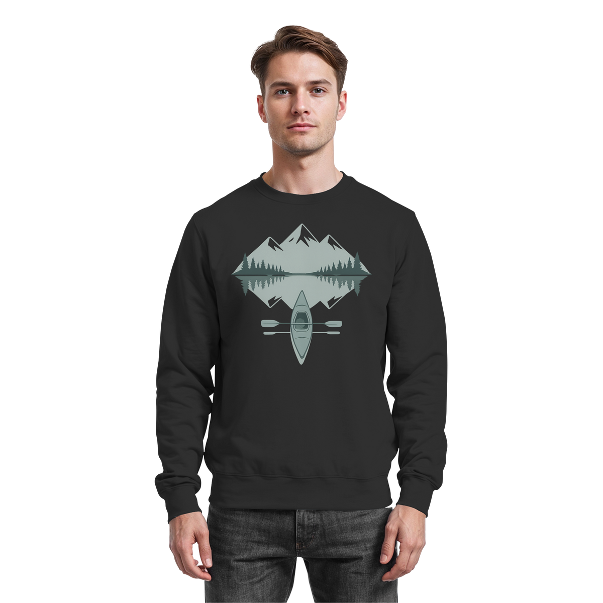 Arvenzo Mirror Lake black sweatshirt showing a front view with a simple, classic design and crew neckline.