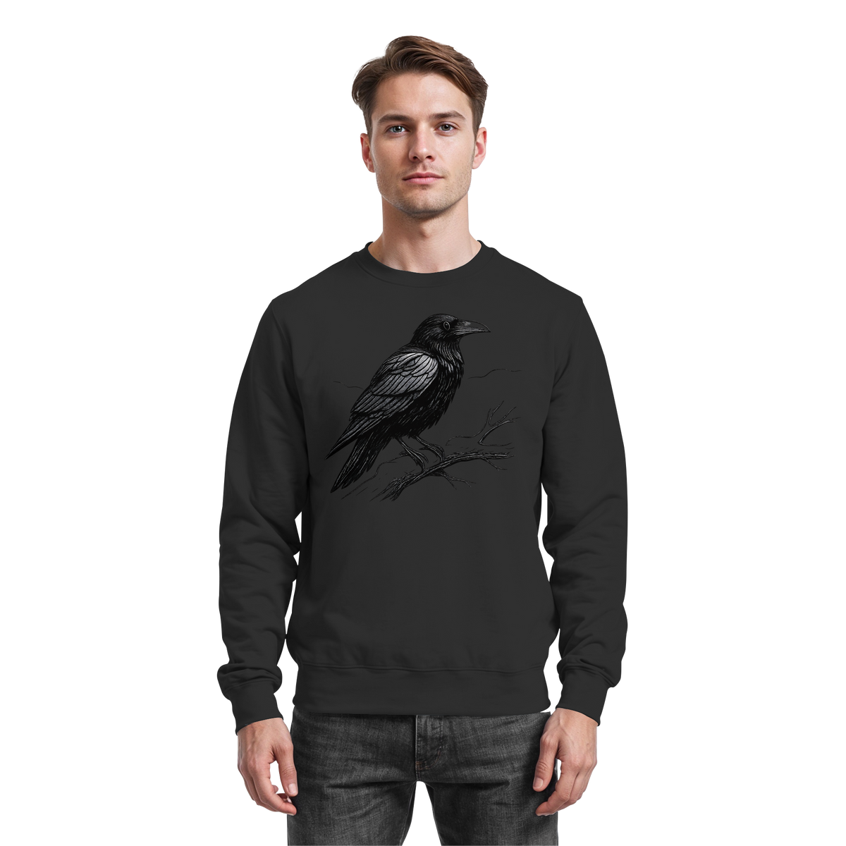 Arvenzo Dark Raven sweatshirt front view in deep black, casual sweatshirt with a simple, classic design.