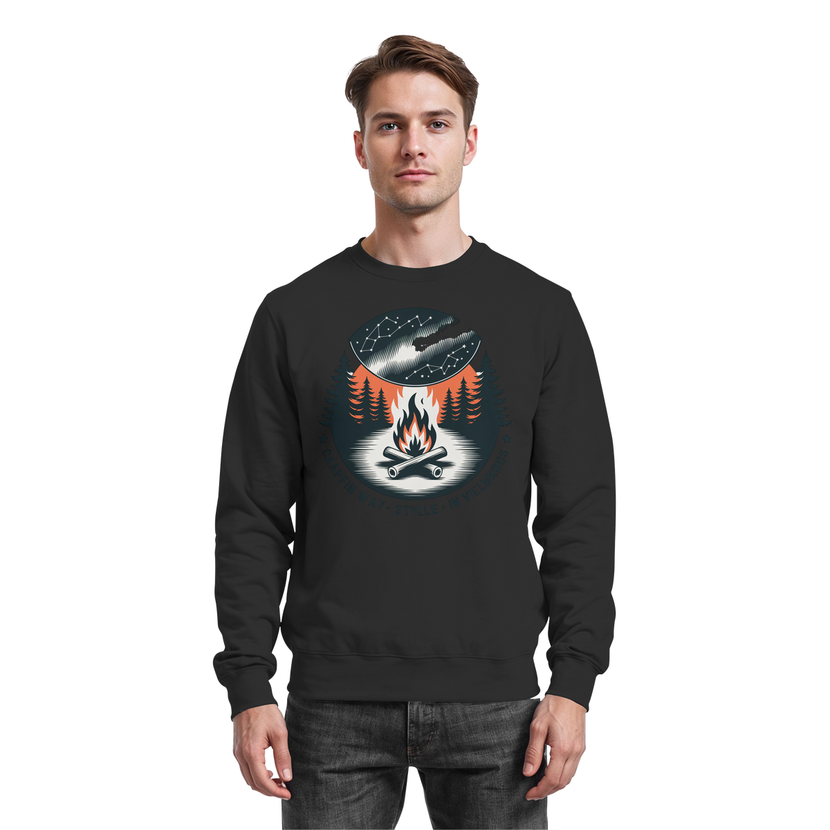 Arvenzo Star Map sweatshirt in deep black, front view showcasing celestial star pattern design on a cozy sweatshirt.