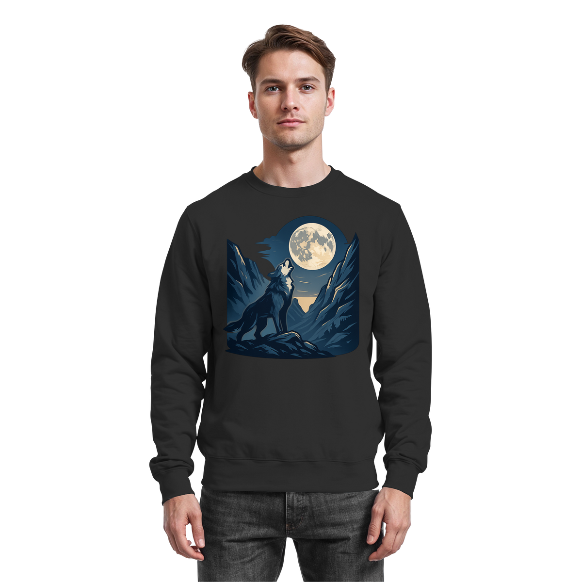 Arvenzo silver Howl sweatshirt in deep black, front view showing crew neckline and minimalist design.