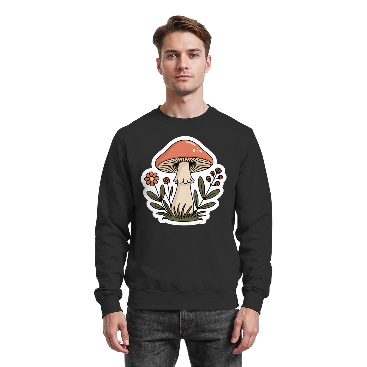 Black Still Roots sweatshirt by Arvenzo, front view showing a classic fit, soft fabric, and minimalist design.
