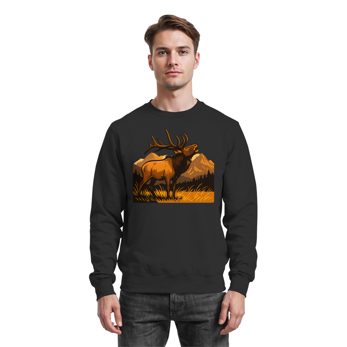 Black Arvenzo Elk Meadow sweatshirt, front view showing crew neckline and soft fabric texture.