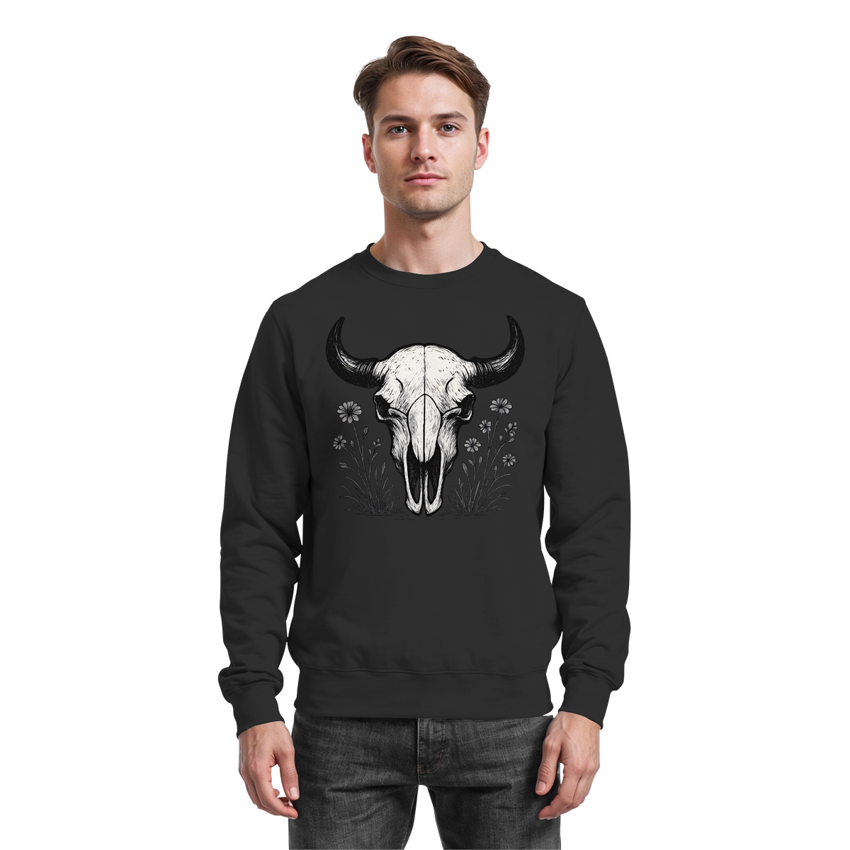 Black Arvenzo Bison Skull sweatshirt featuring a front graphic of a bison skull on a basic black sweatshirt.