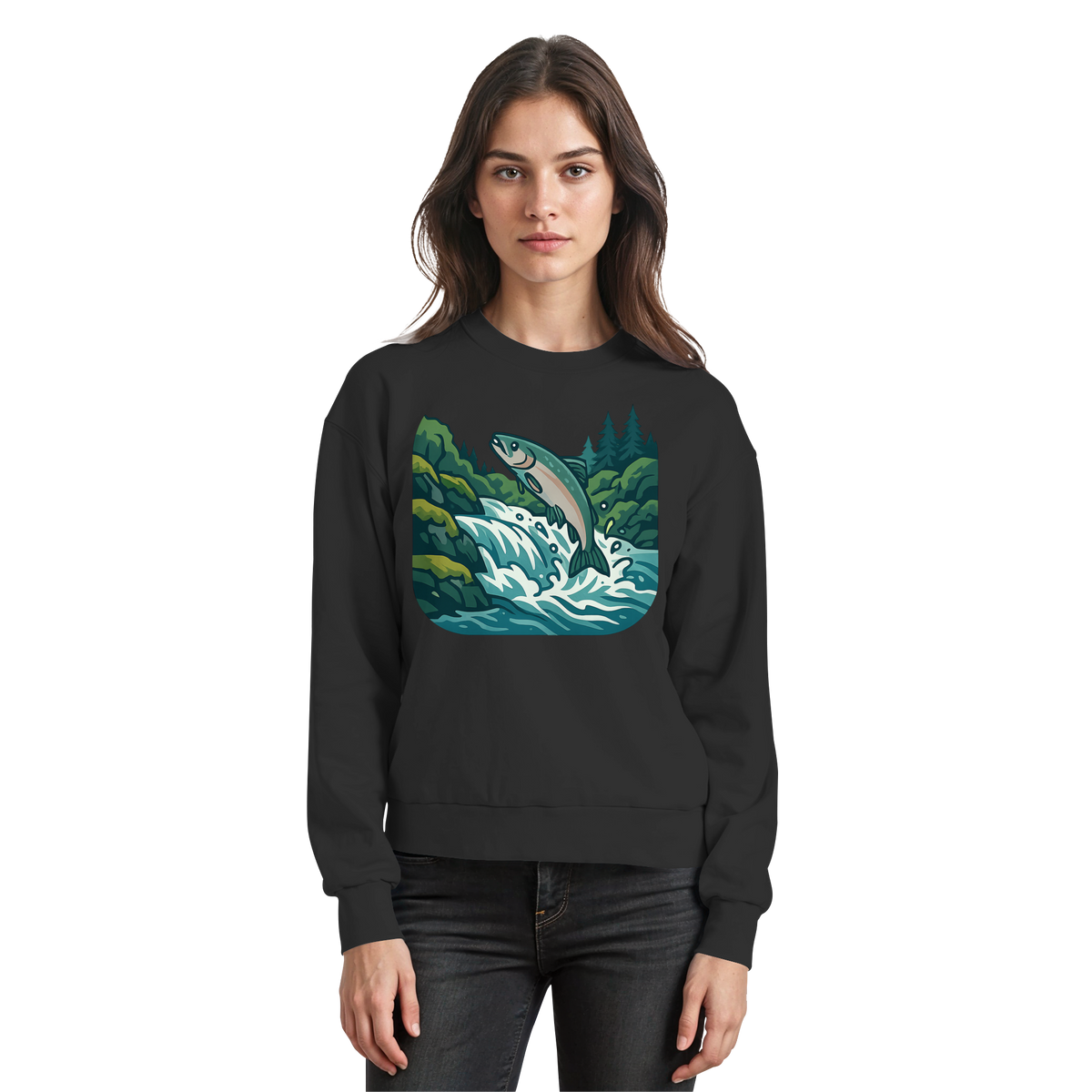 Front view of Arvenzo silver run sweatshirt in deep black, showcasing a classic casual sweatshirt design.