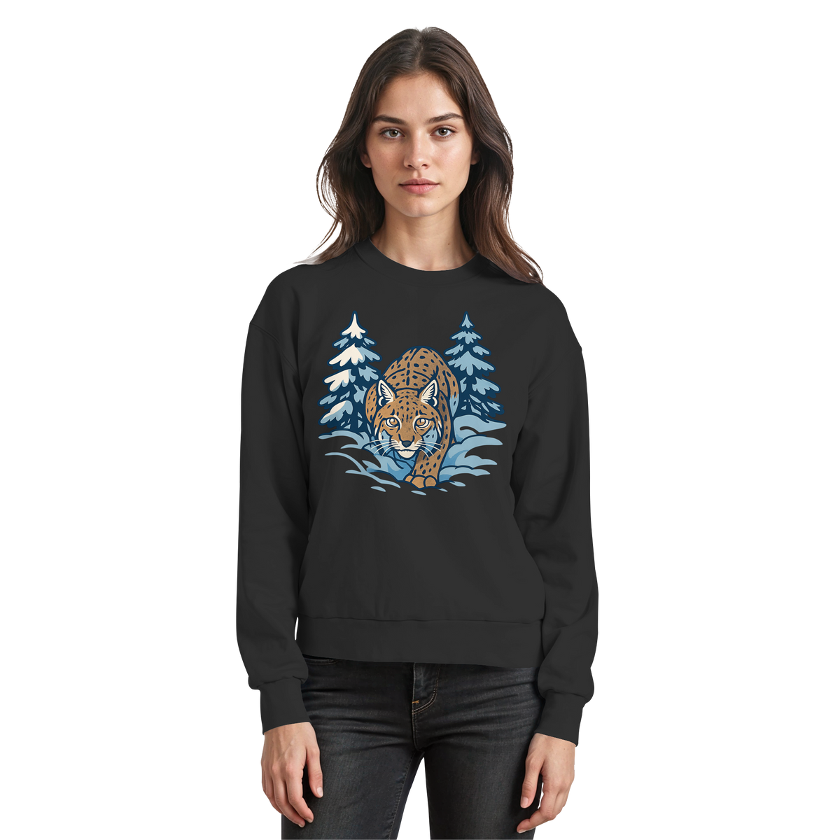 Black Arvenzo Snow Lynx sweatshirt with a front design, shown from the front view, made of soft, comfortable fabric.