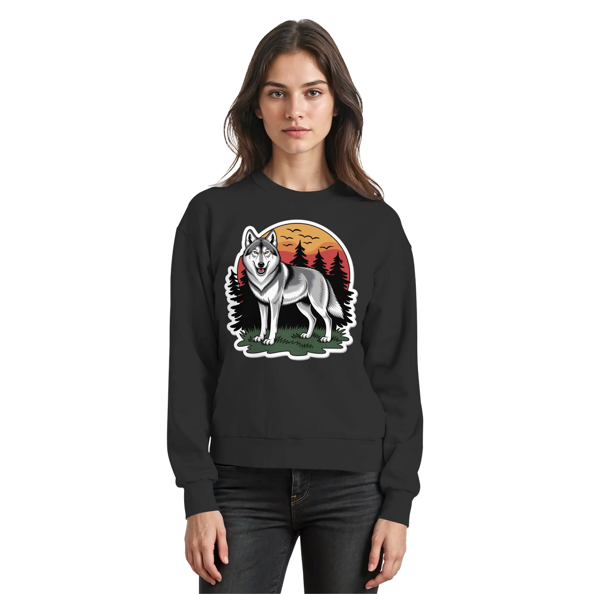 Arvenzo Lone Dusk sweatshirt in deep black, front view showing a classic crewneck design and soft fabric texture.