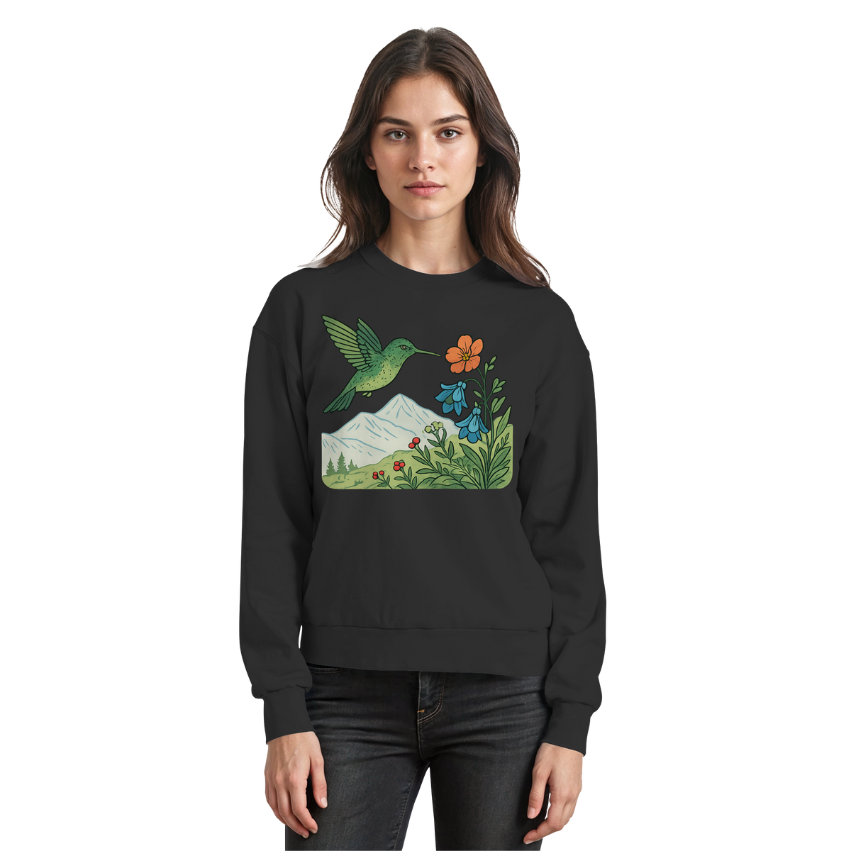 Front view of Arvenzo Bloom Wing sweatshirt in deep black, showcasing a casual, comfortable sweatshirt design.