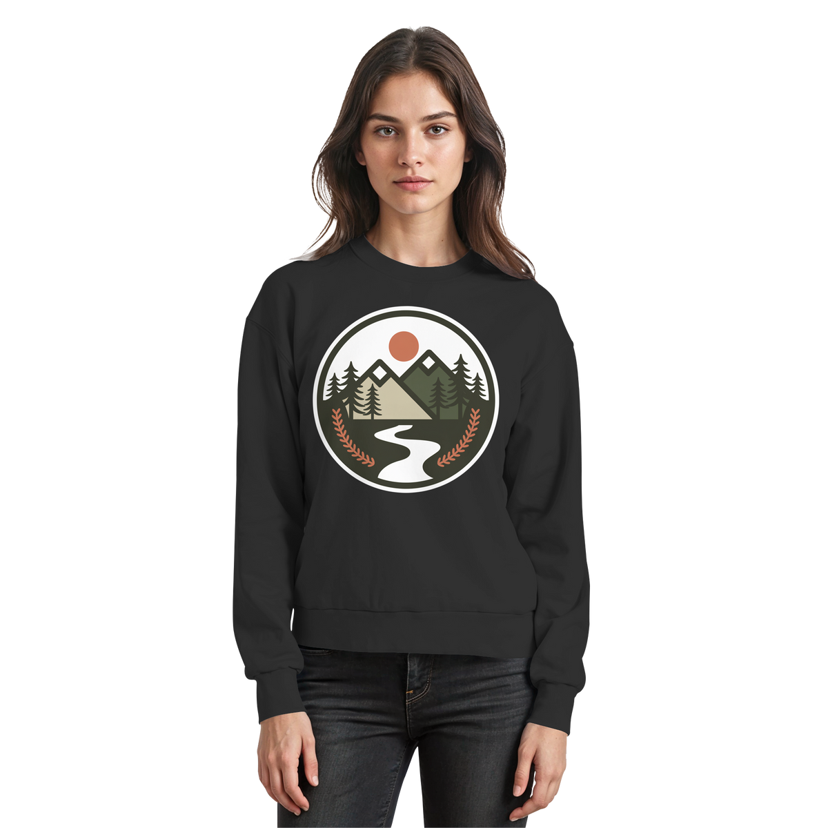 Front view of Arvenzo Open Ground sweatshirt in deep black, featuring a simple crew neck and minimalist design.