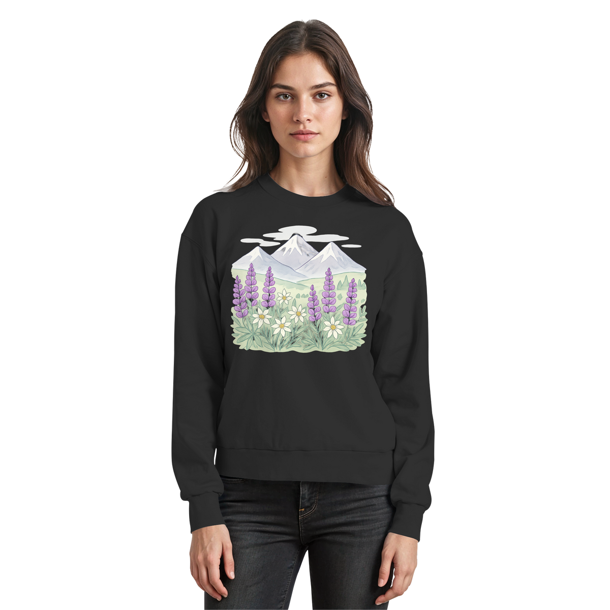Black Alpine Bloom sweatshirt by Arvenzo, front view showing a simple, stylish design on a cozy sweatshirt.