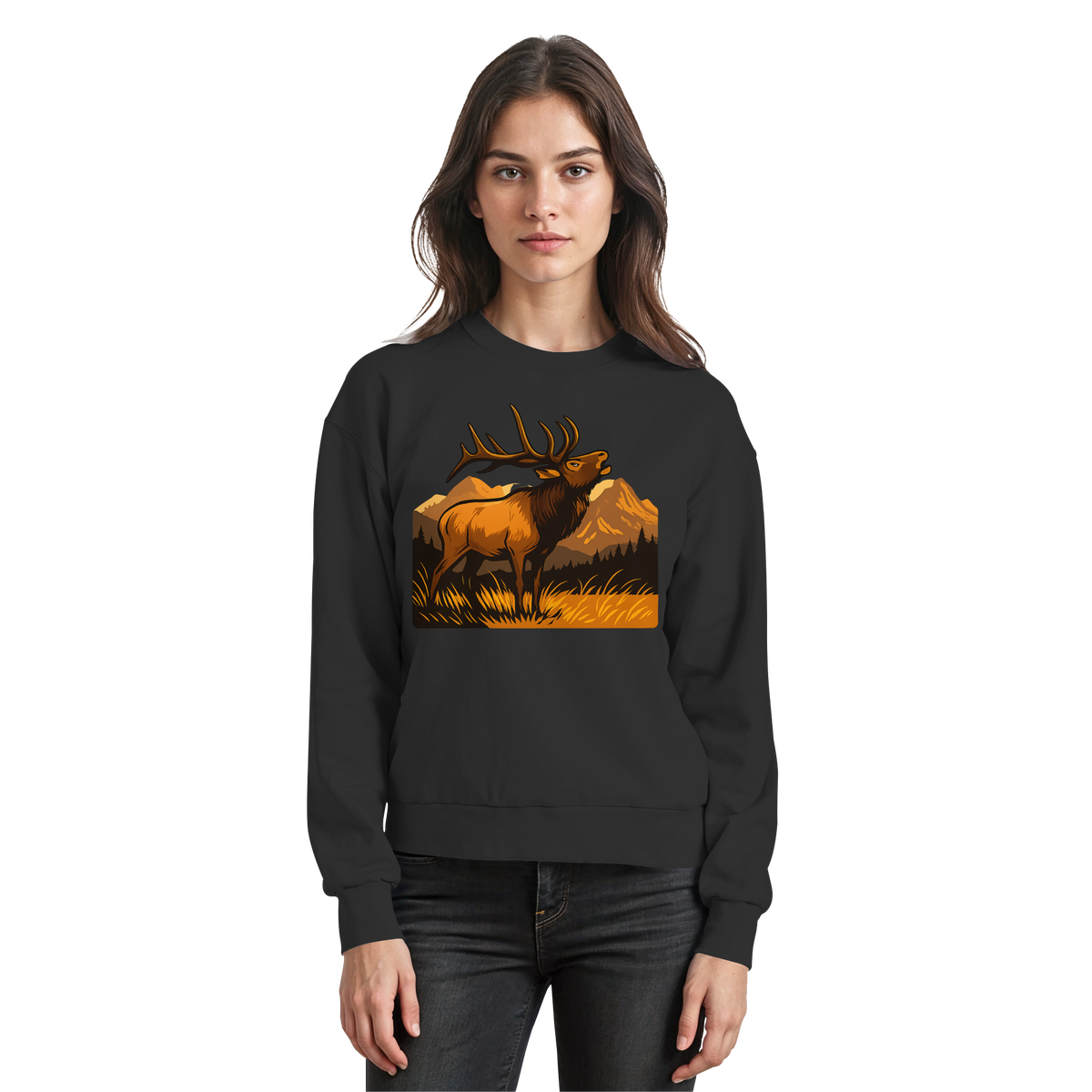 Black Arvenzo Elk Meadow sweatshirt front view, showcasing a cozy, casual sweatshirt with a simple design and soft fabric.