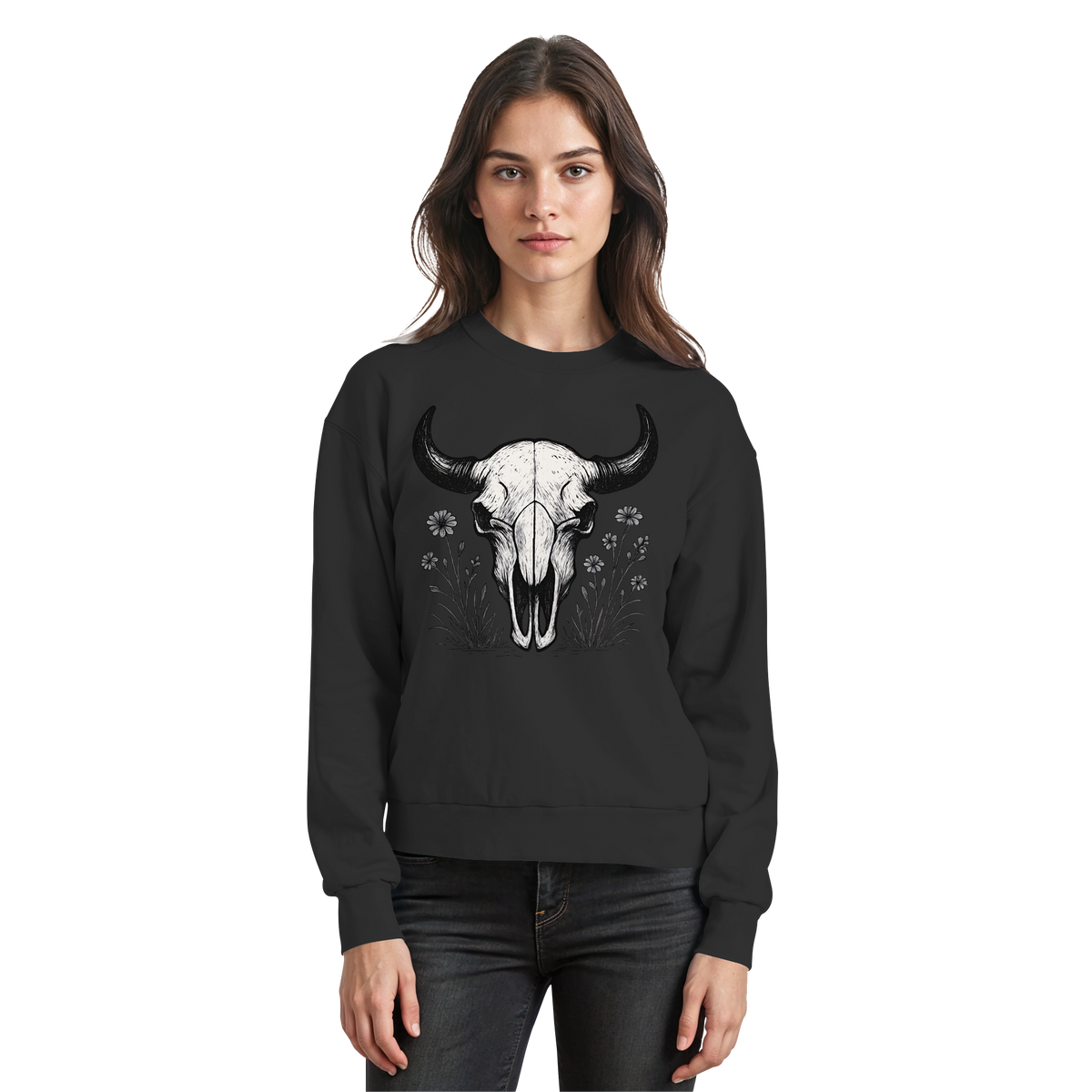 Black Arvenzo Bison Skull sweatshirt featuring a front graphic of a bison skull on a basic black sweatshirt.