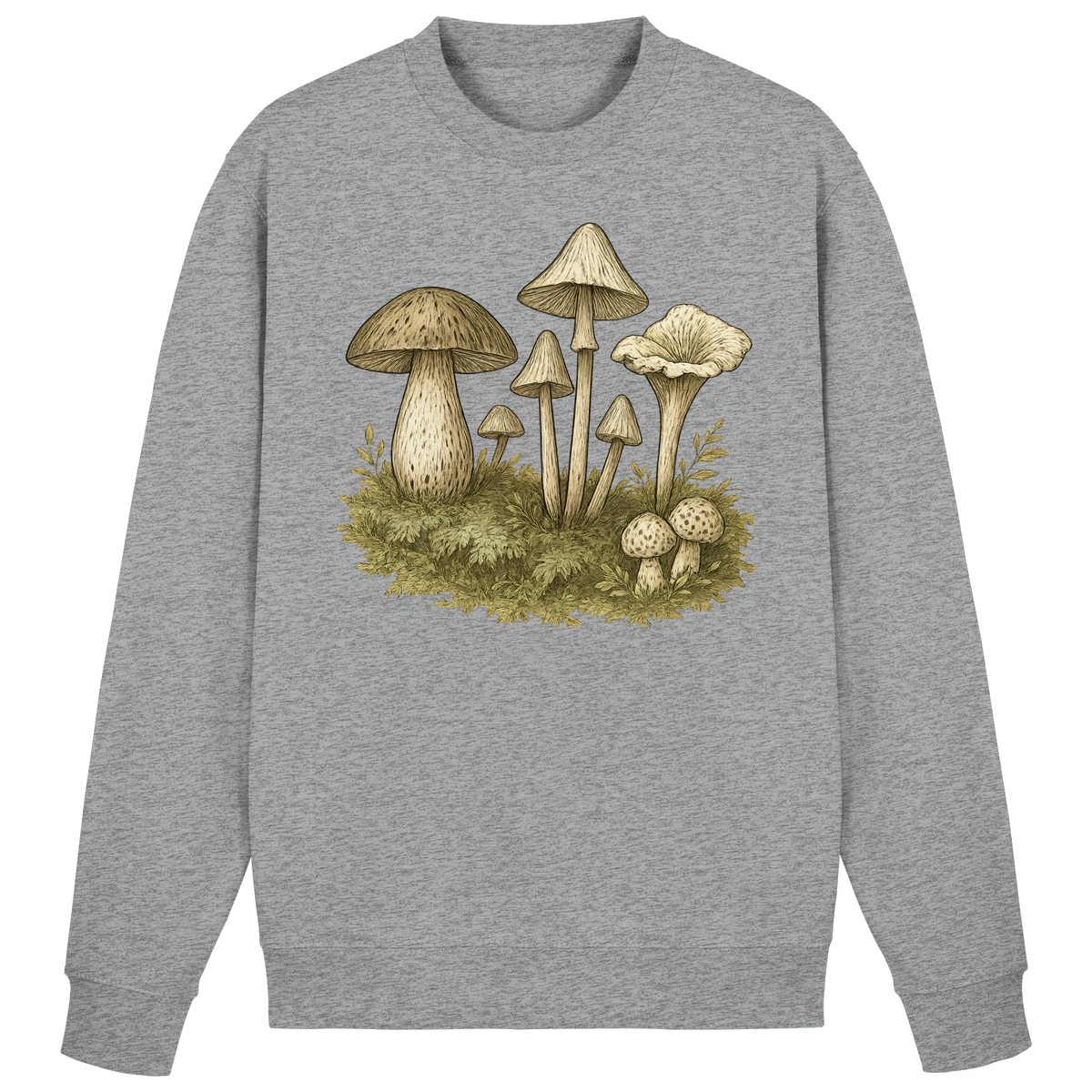 Heather grey Arvenzo Forest Floor sweatshirt front view, casual sweatshirt with forest-themed design, soft and comfortable fabric.