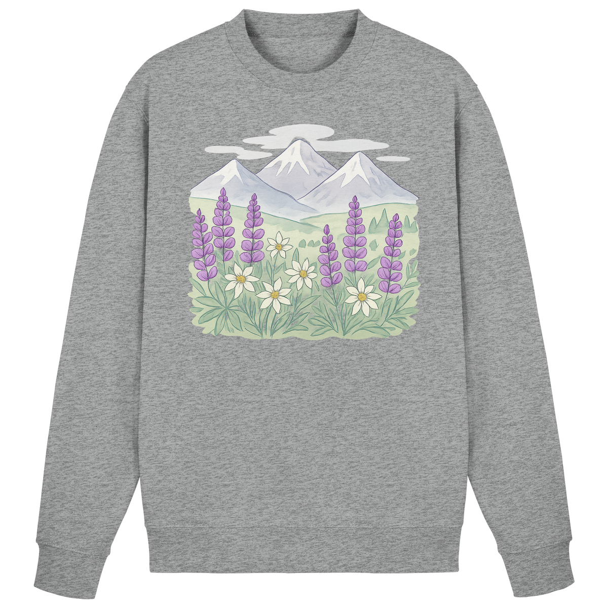 Heather grey Arvenzo Alpine Bloom sweatshirt featuring a simple front design and comfortable fit.