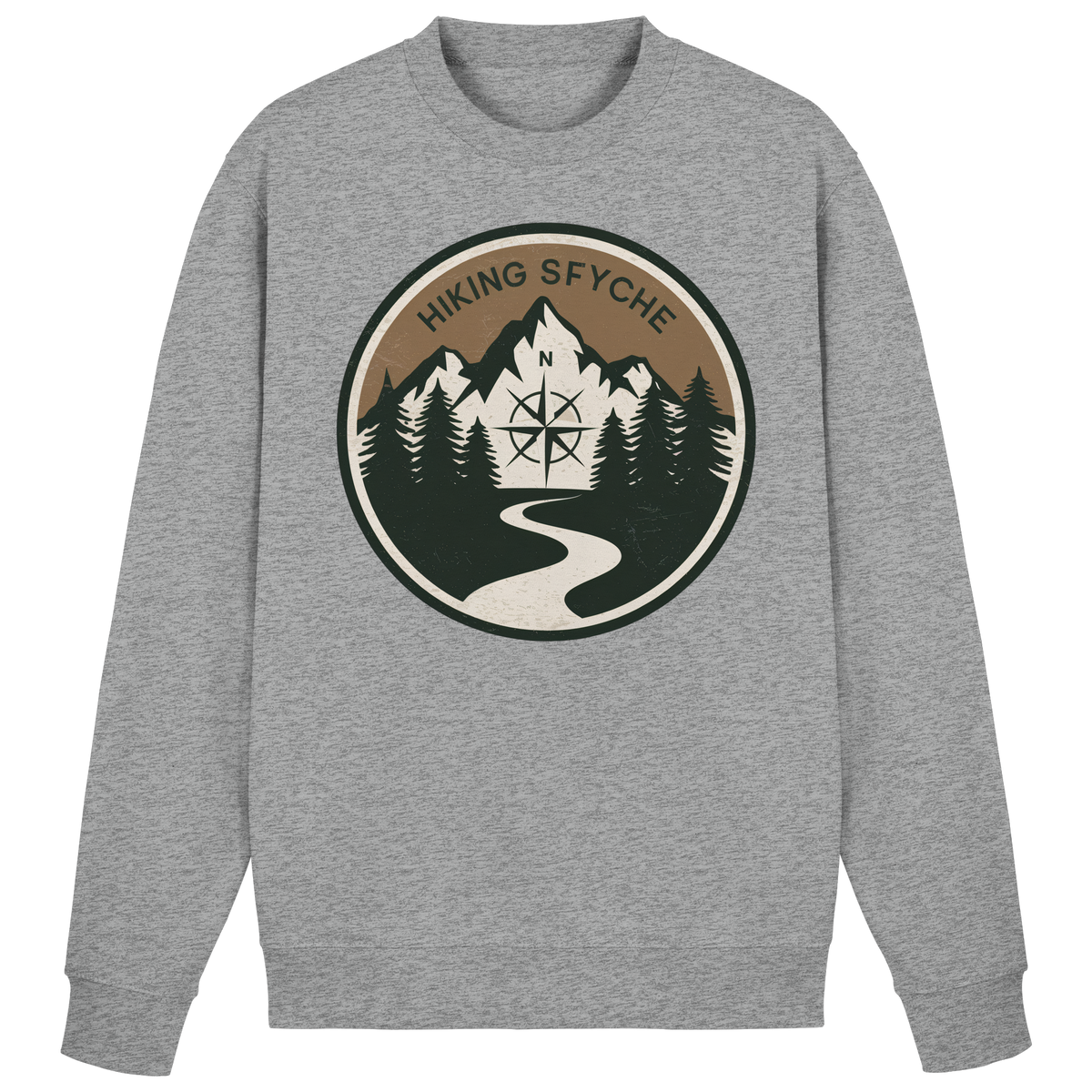 Heather grey Trail Crest sweatshirt by Arvenzo, front view showing classic crew neck and soft fabric texture.