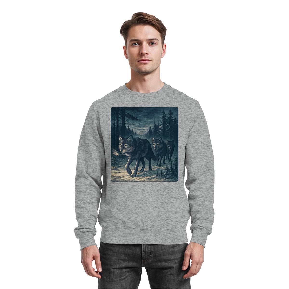 Arvenzo Pack North sweatshirt in heather grey, front view showing a classic crewneck design and comfortable fit.