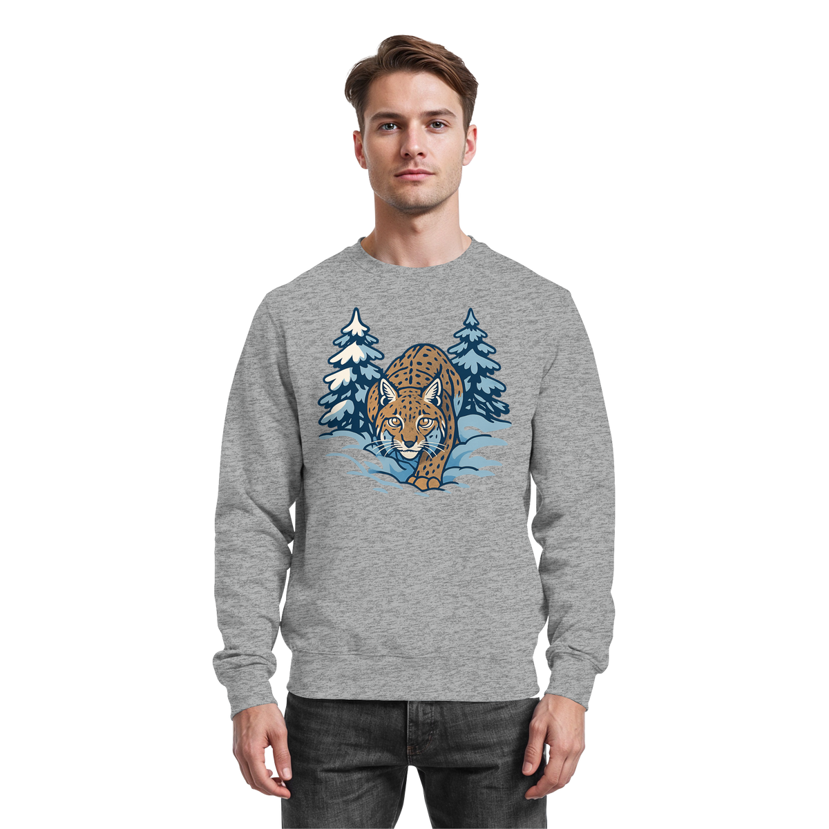 Heather grey Arvenzo Snow Lynx sweatshirt featuring a front design, casual fit, and soft fabric for comfortable everyday wear.