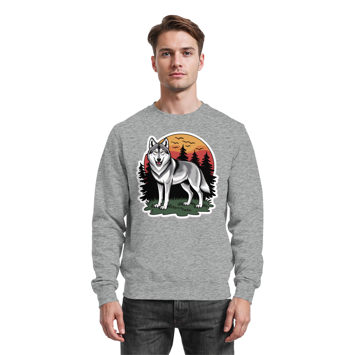 Heather grey Arvenzo Lone Dusk sweatshirt, front view showing a comfortable, casual sweatshirt with a simple neckline.
