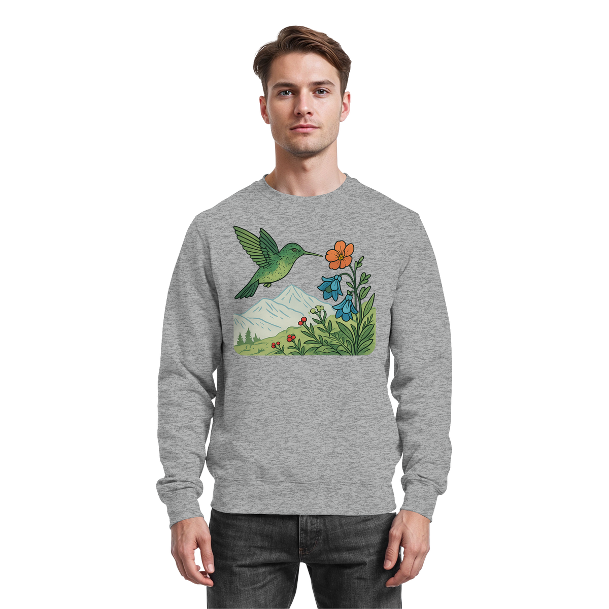 Heather grey Arvenzo Bloom Wing sweatshirt displayed from the front, showing a casual, comfortable sweatshirt with a subtle design.