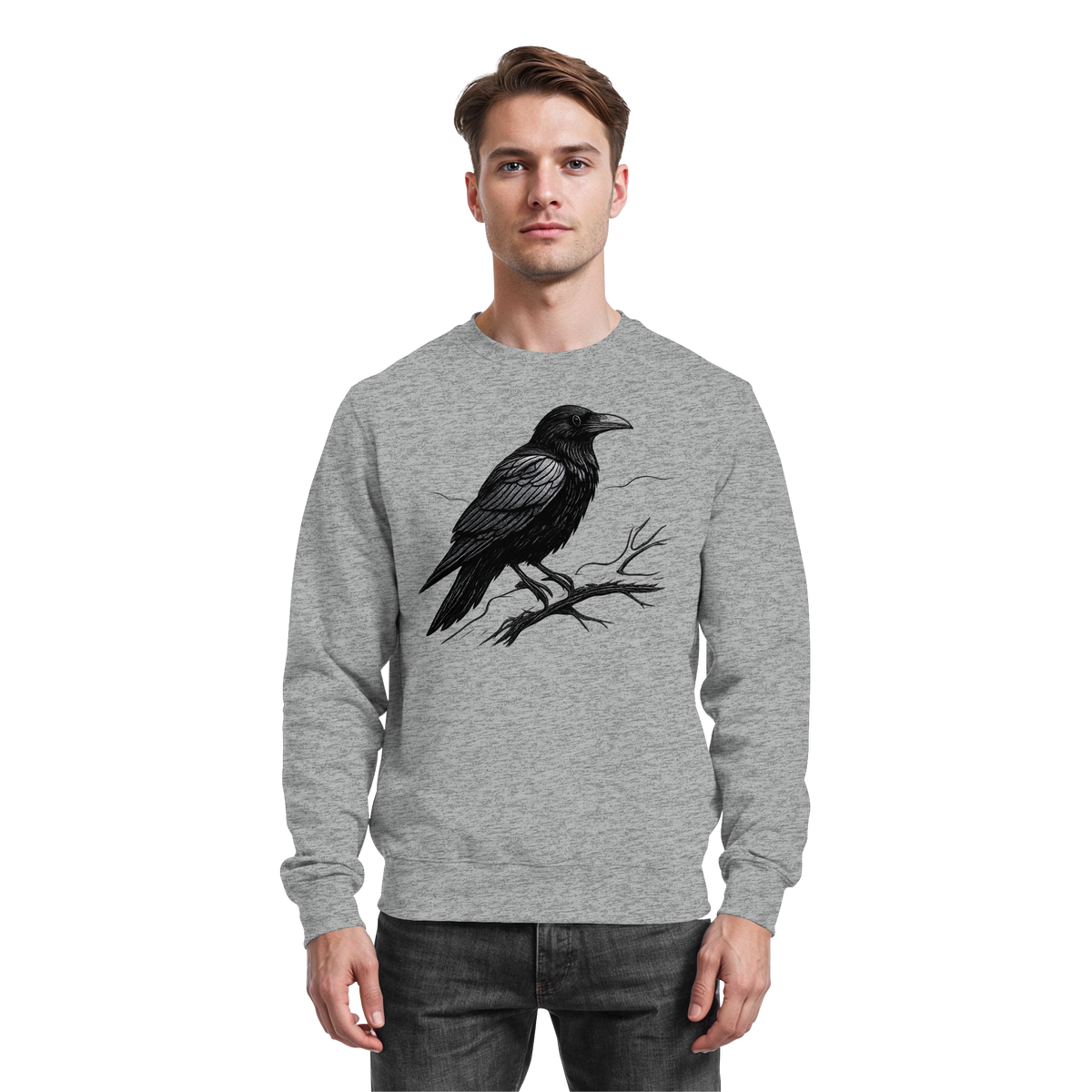 Heather grey Arvenzo Dark Raven Sweatshirt with a classic crew neck and soft fabric, front view showing comfortable fit and simple style.