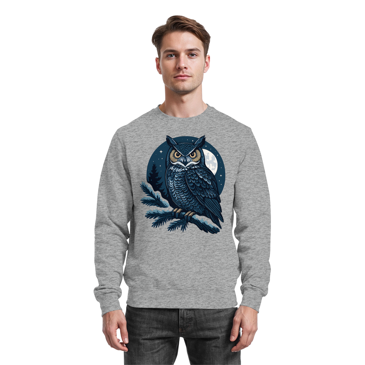 Heather grey Arvenzo Night Watch sweatshirt displayed from the front, featuring a classic crew neck and minimalist design.