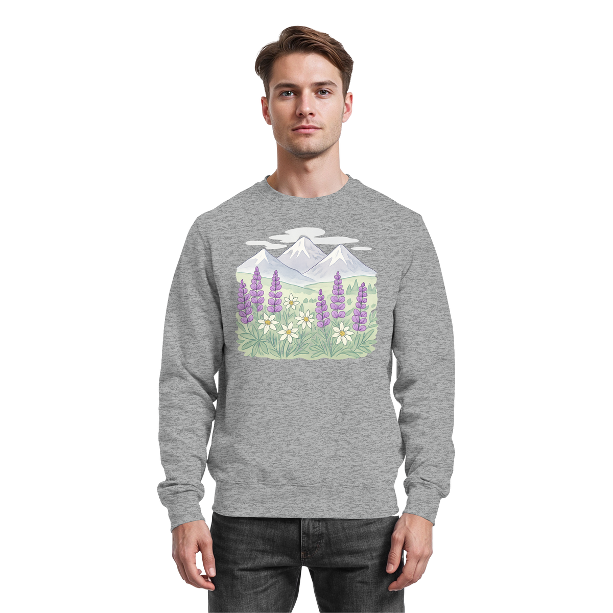 Heather grey Alpine Bloom sweatshirt by Arvenzo, front view showcasing a cozy, casual sweatshirt with a subtle floral design.