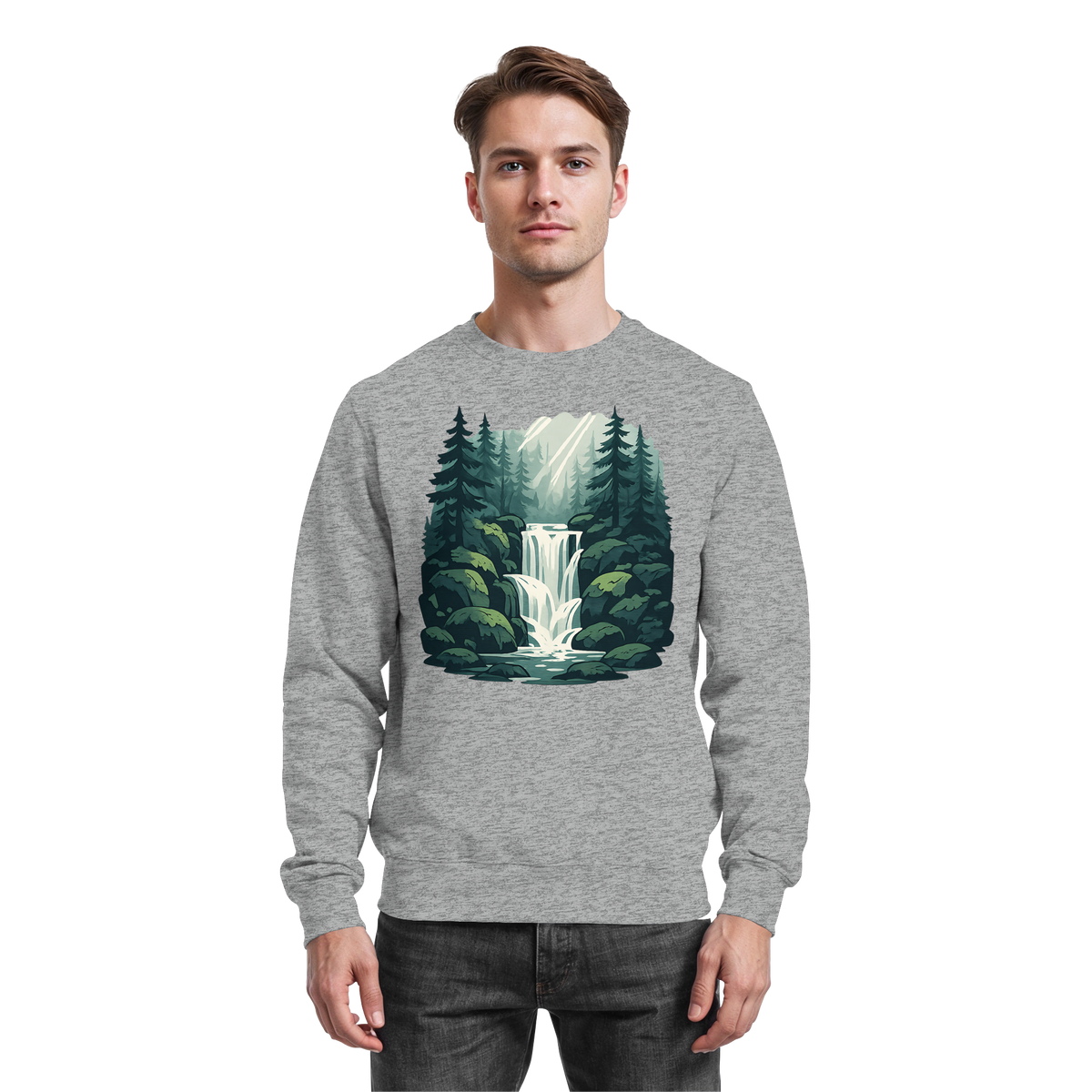 Arvenzo Fall Creek sweatshirt in heather grey, front view showing a classic crewneck design and soft fabric texture.