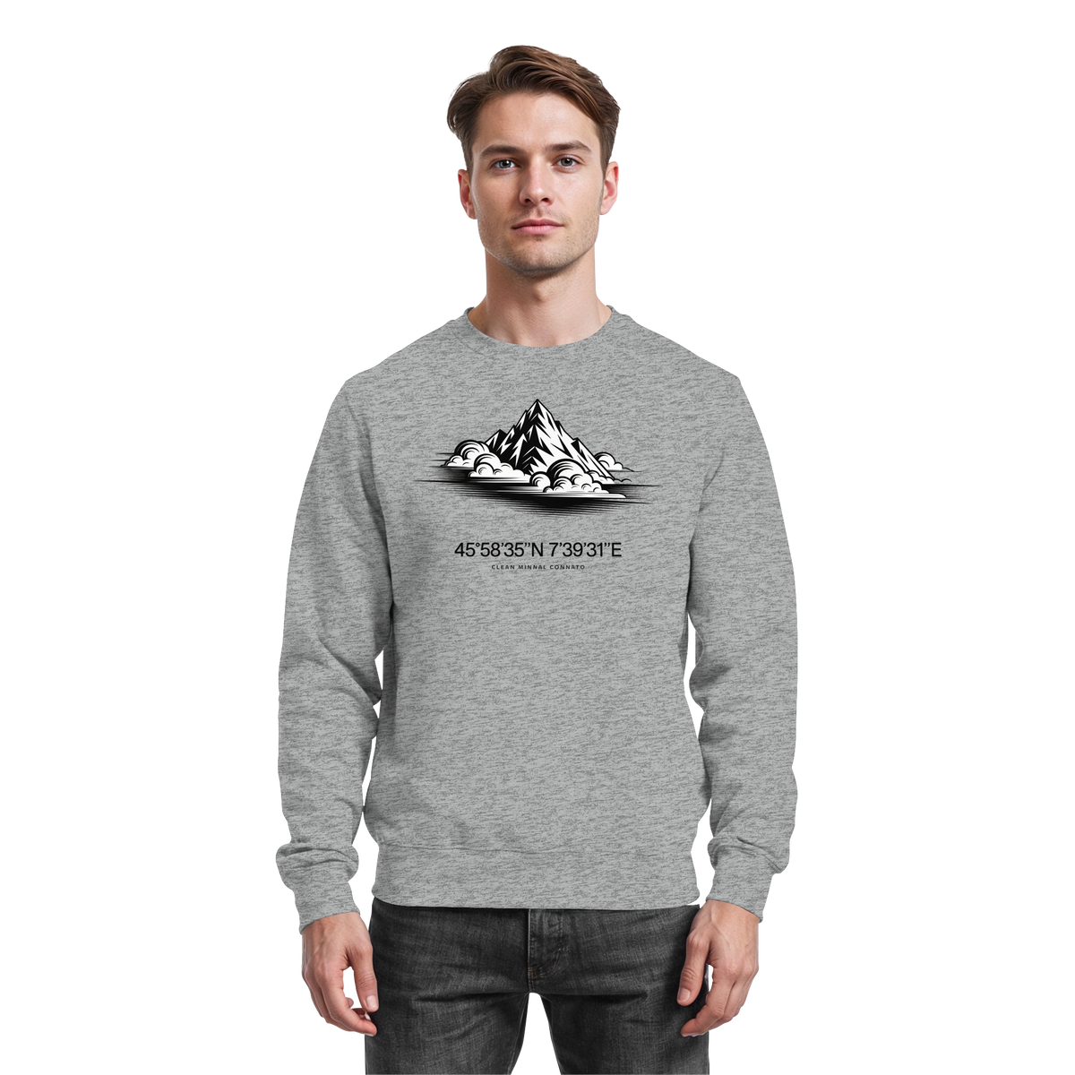 Arvenzo Summit Point sweatshirt in heather grey, front view showing a classic crewneck design and soft fabric texture.