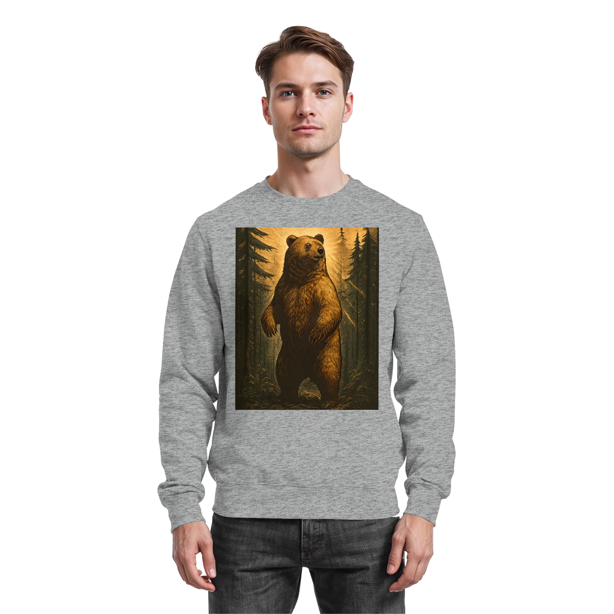 Arvenzo deep timber sweatshirt in heather grey, front view showing classic crewneck design and soft fabric texture.