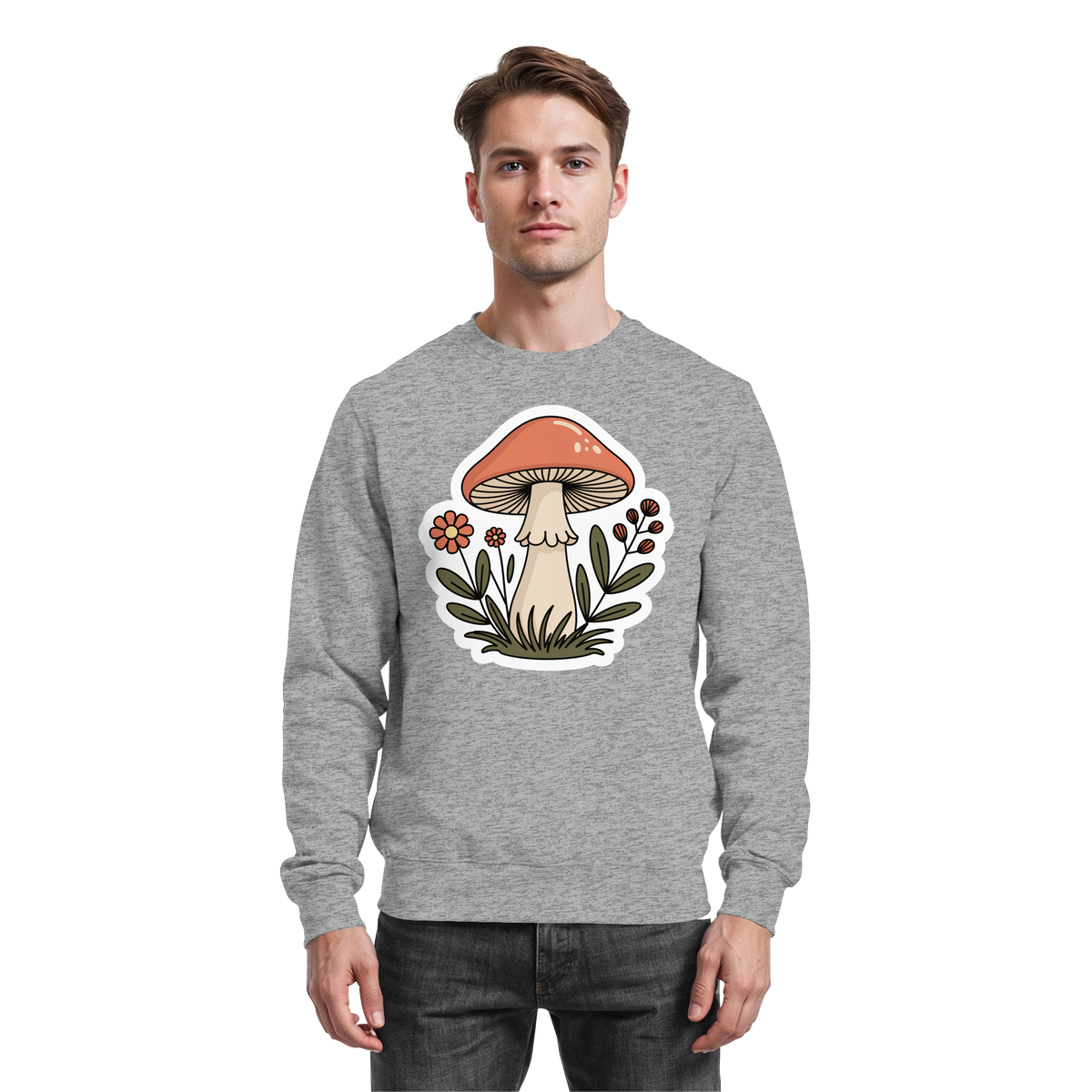 Heather grey Arvenzo Still Roots sweatshirt, front view showing classic crew neck and relaxed fit, casual and comfortable style.