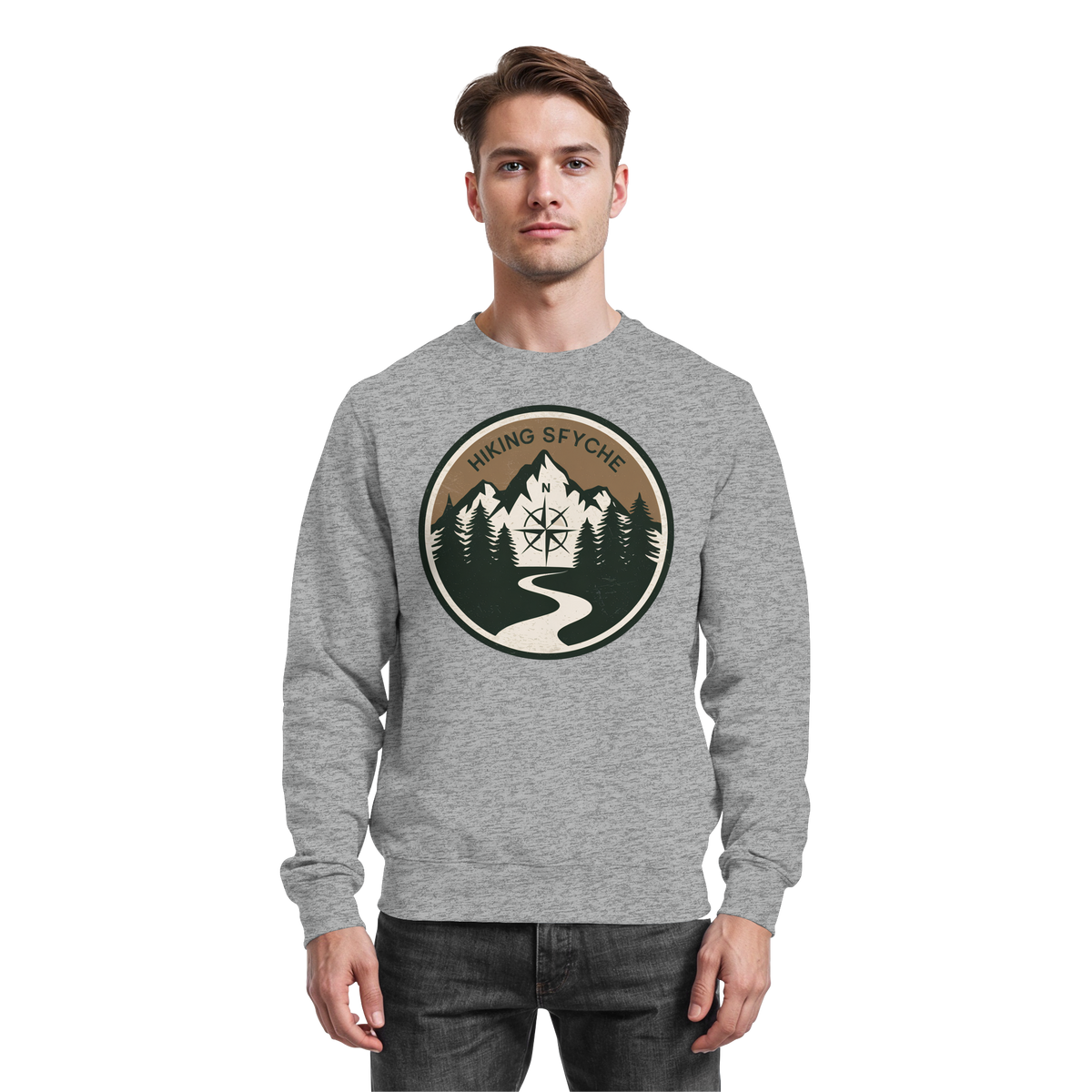 Arvenzo Trail Crest sweatshirt in heather grey, front view showing classic crewneck design and comfortable fit.