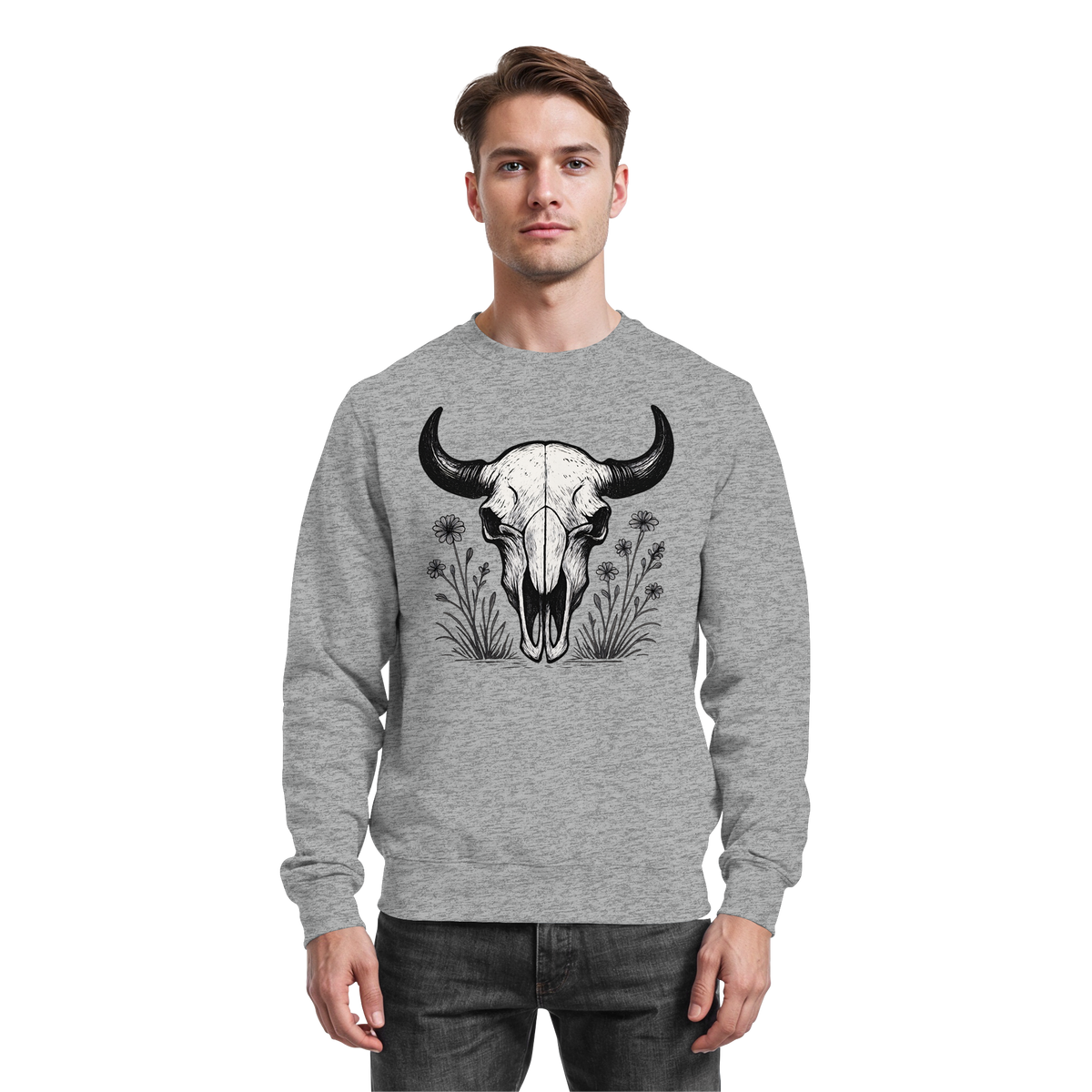 Heather grey Arvenzo Bison Skull sweatshirt with front design, cozy sweatshirt made for casual wear.
