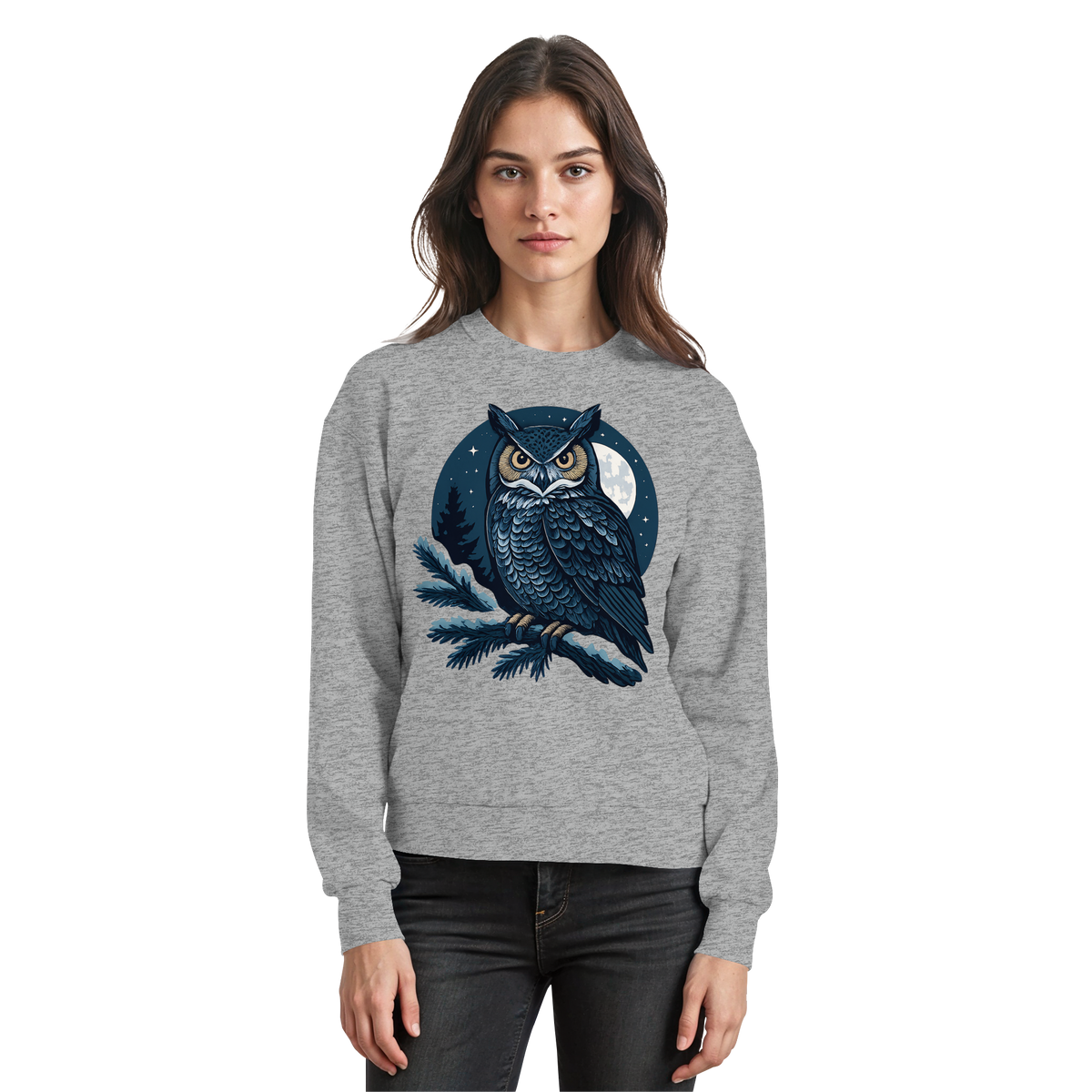Heather grey Arvenzo Night Watch sweatshirt displayed from the front, showing a classic crewneck design and soft fabric texture.