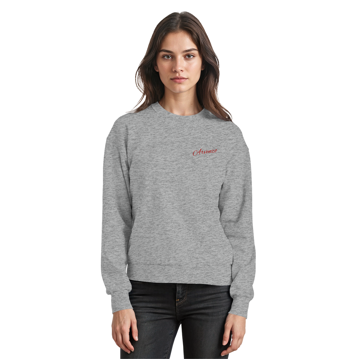 Arvenzo Pure Ground sweatshirt in heather grey, front view showing a classic crewneck design and soft fabric texture.