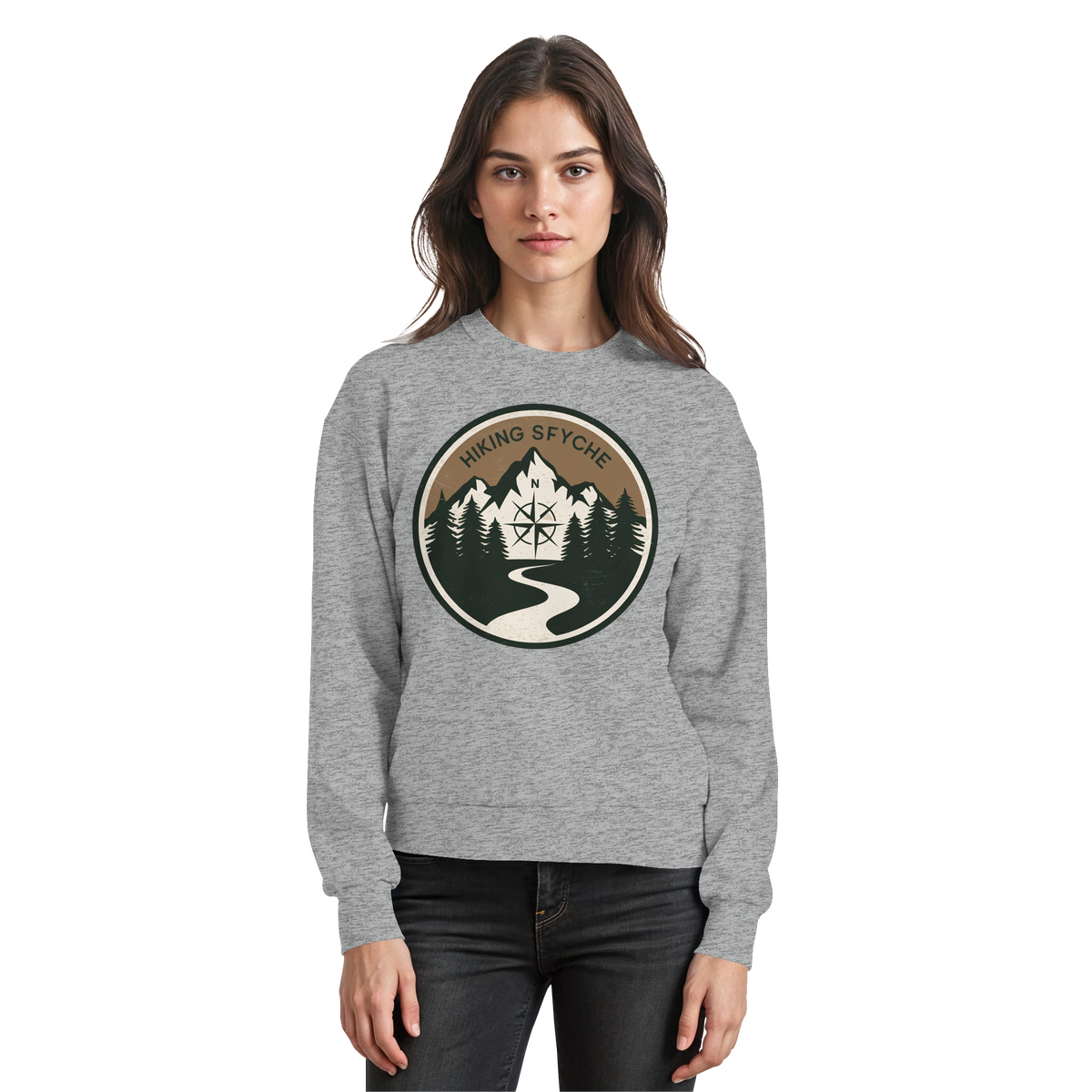 Arvenzo Trail Crest sweatshirt in heather grey, front view showing classic crew neck and soft fabric for casual wear.