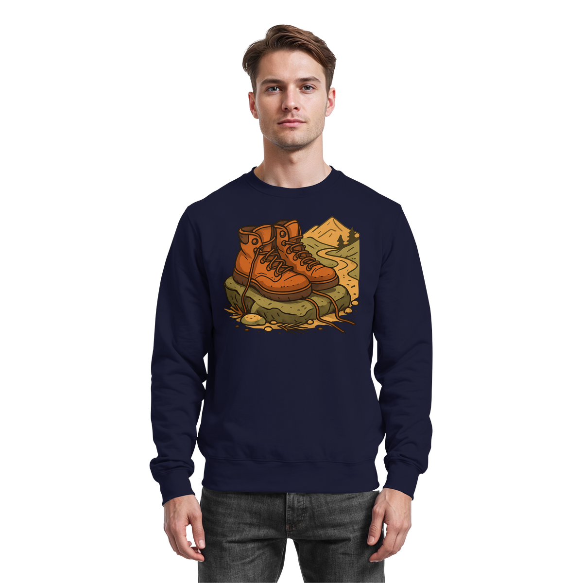 Arvenzo Trail Rest sweatshirt in navy, front view showing a relaxed fit and soft cotton fabric for outdoor comfort.