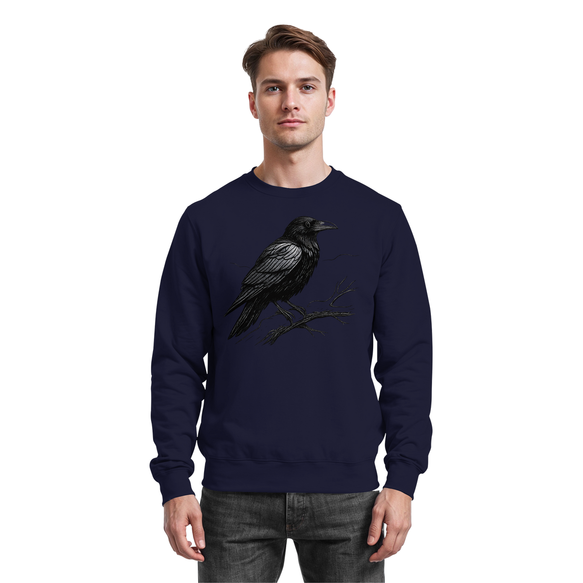 Arvenzo dark navy Raven sweatshirt with a simple crewneck design, front view showing soft fabric and classic fit.