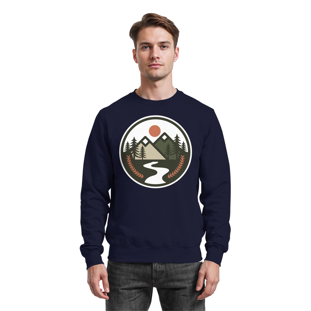 Arvenzo open ground navy sweatshirt showing a front view with a classic crewneck and casual fit.