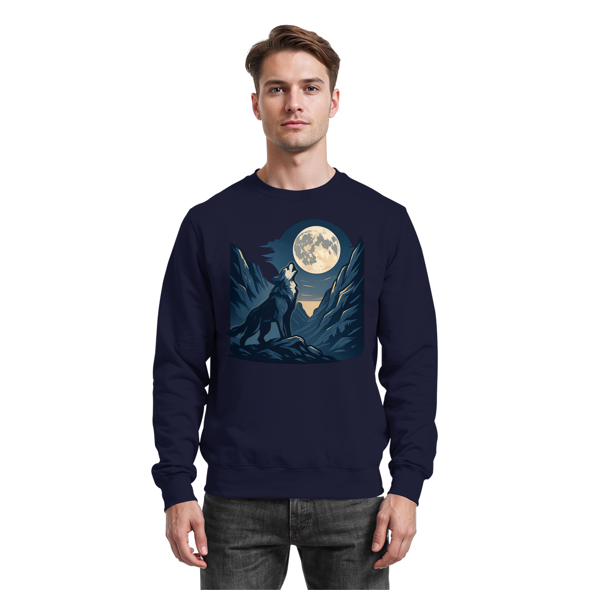 Arvenzo Silver Howl sweatshirt in navy, front view showing classic crewneck design and smooth fabric texture.