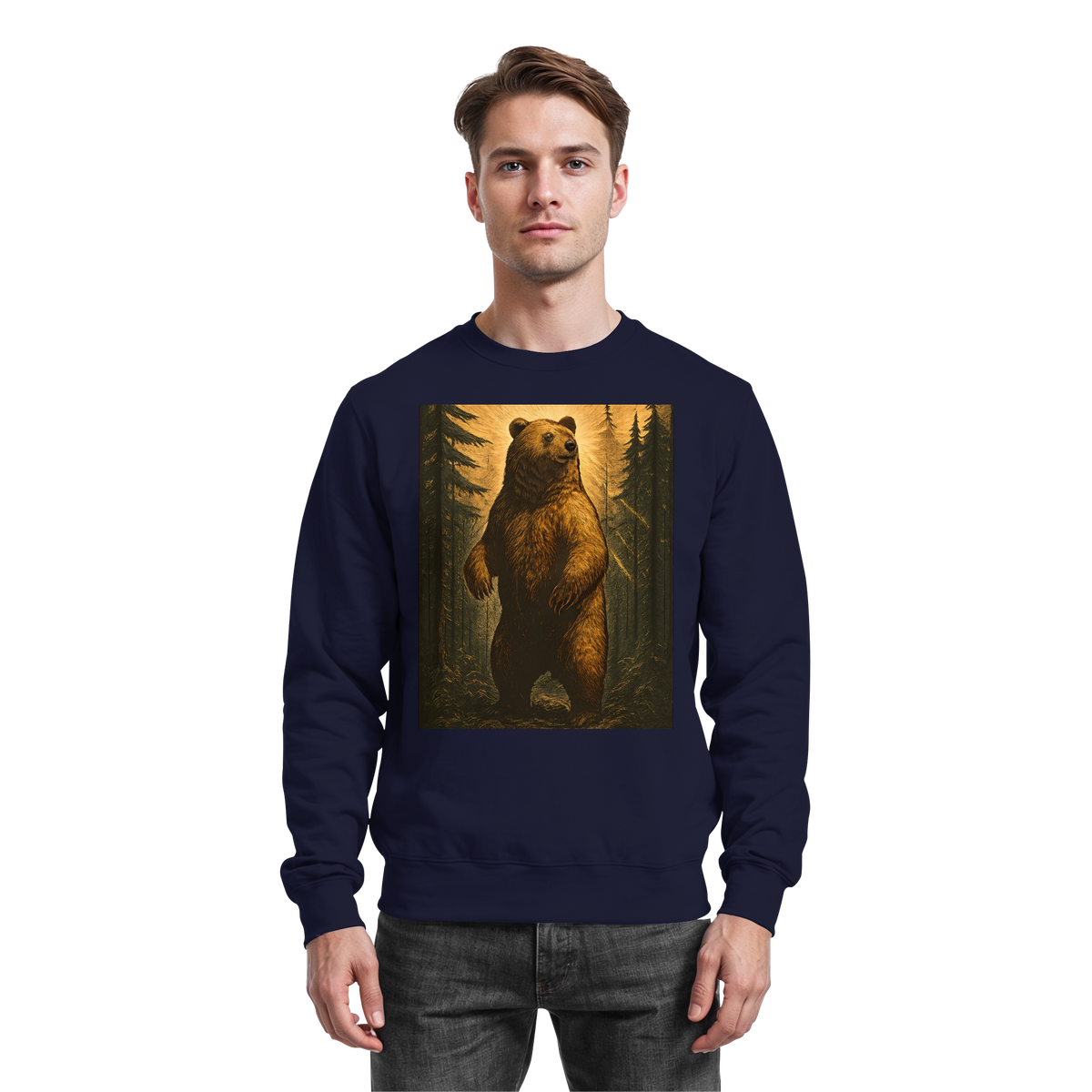 Arvenzo Deep Timber sweatshirt in navy, front view showing classic crewneck design and soft cotton fabric.