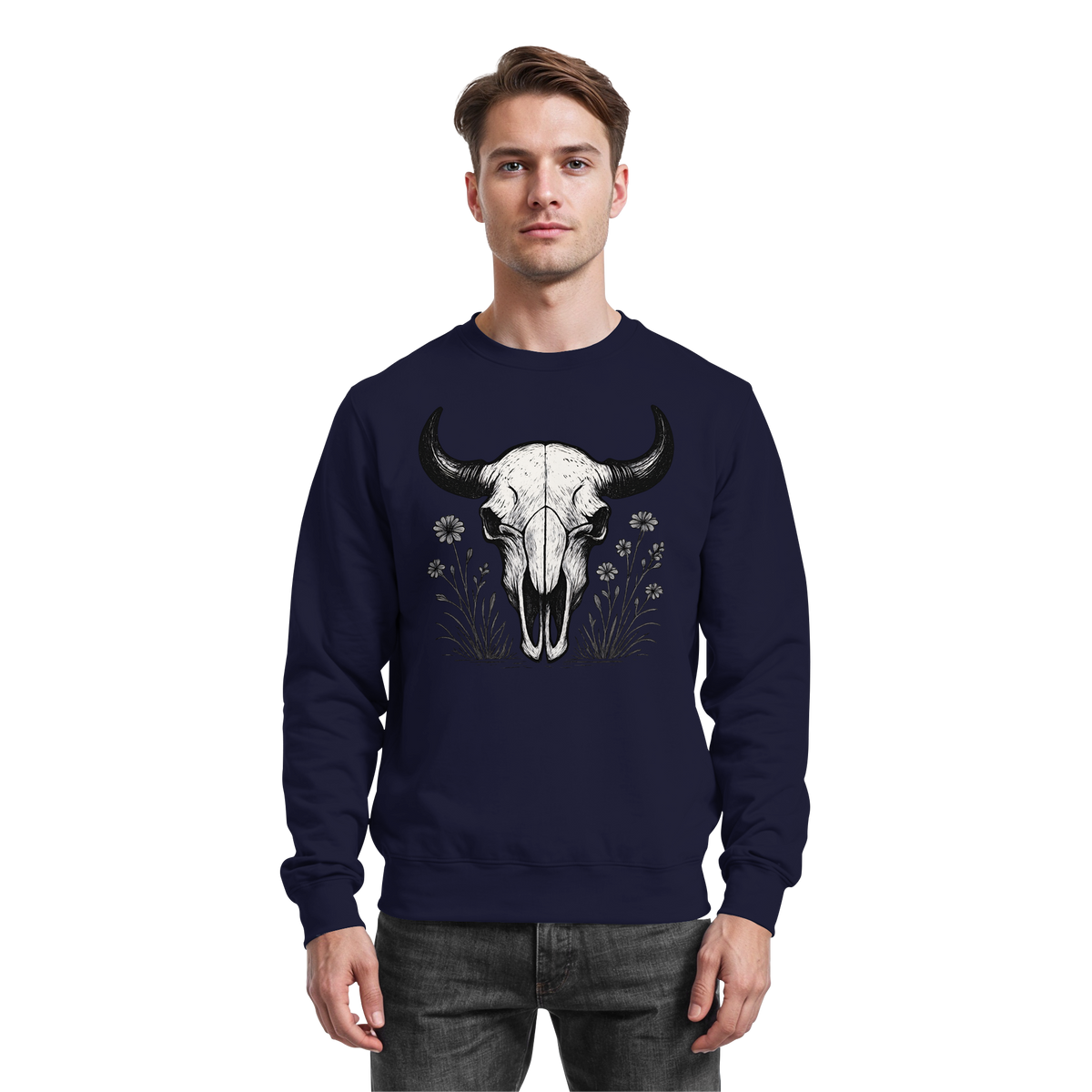 Arvenzo Bison Skull sweatshirt in navy featuring a front design, casual style, and comfortable fit for everyday wear.