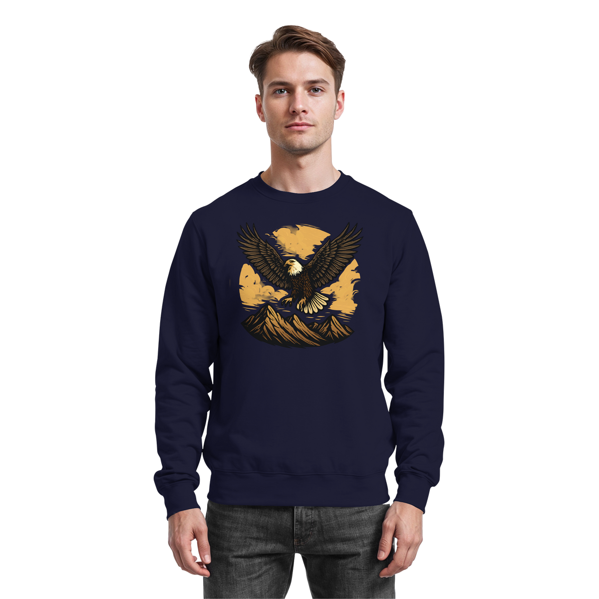 Arvenzo Iron Wing navy sweatshirt showing a front view with a minimalist design and ribbed cuffs on a plain background.