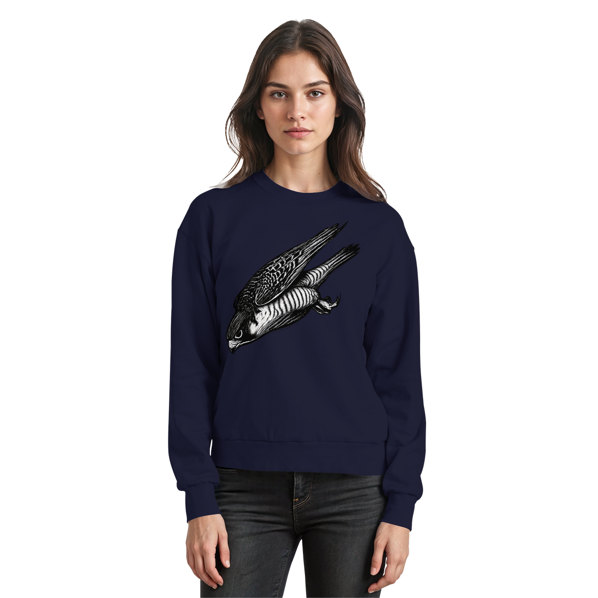 Arvenzo Swift Dive navy sweatshirt with front design, classic crew neck, and comfortable fit, shown from the front.