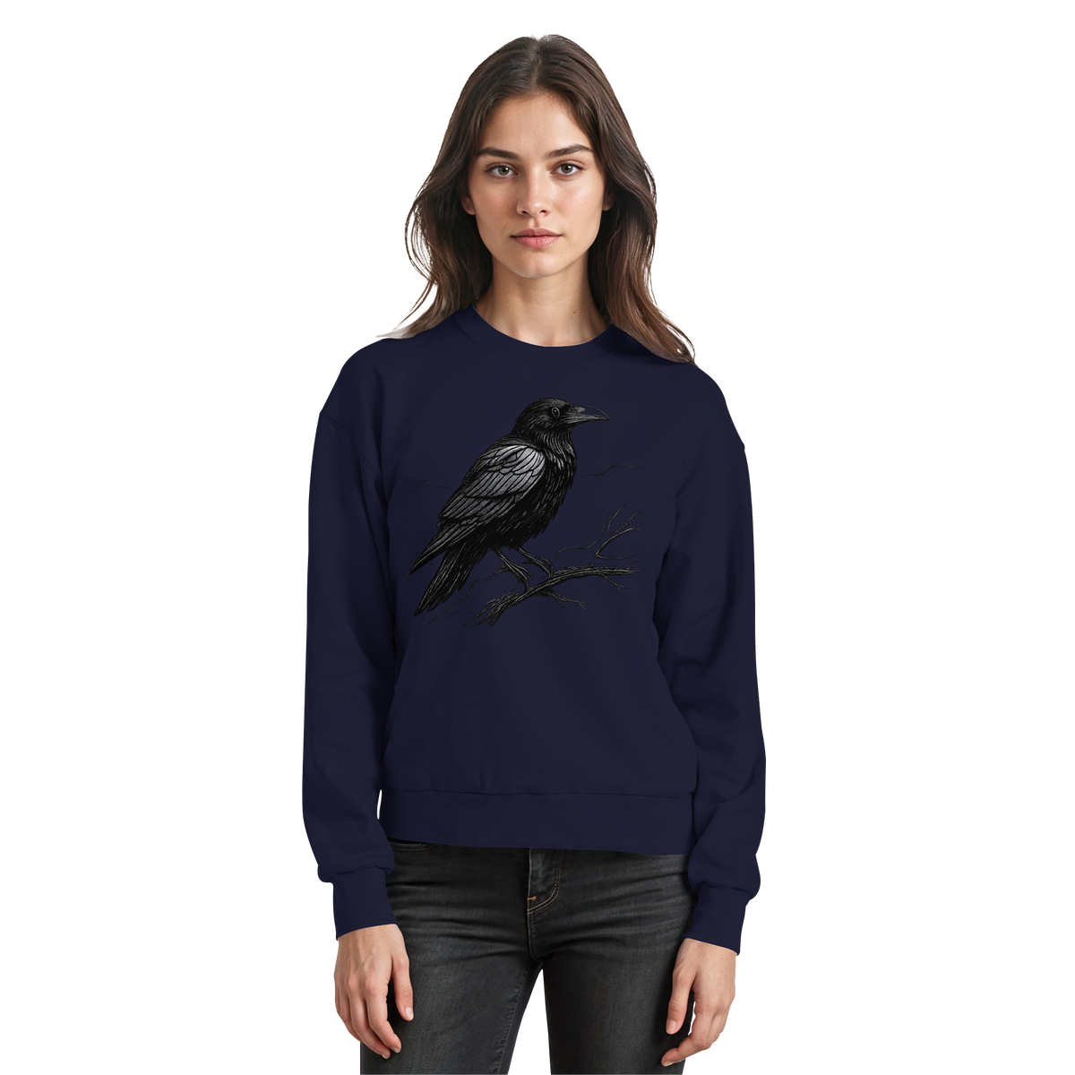 Arvenzo dark raven sweatshirt showing a front view, navy color, with a simple crewneck design and soft fabric texture.