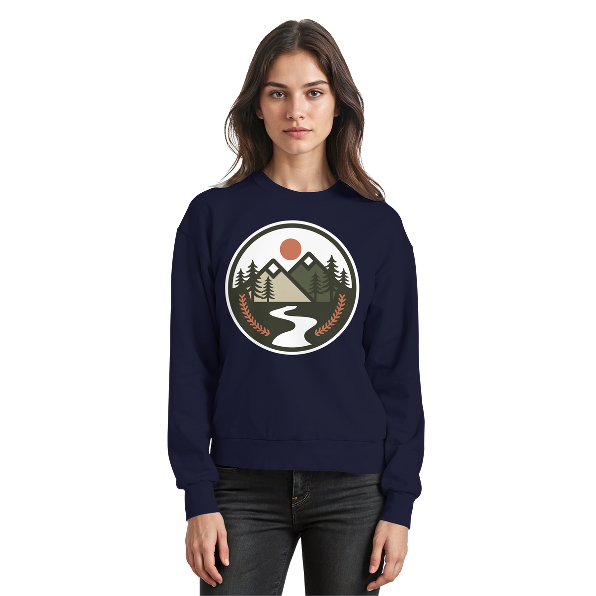 Arvenzo Open Ground navy sweatshirt with a front view, featuring a classic crewneck design and soft cotton fabric.